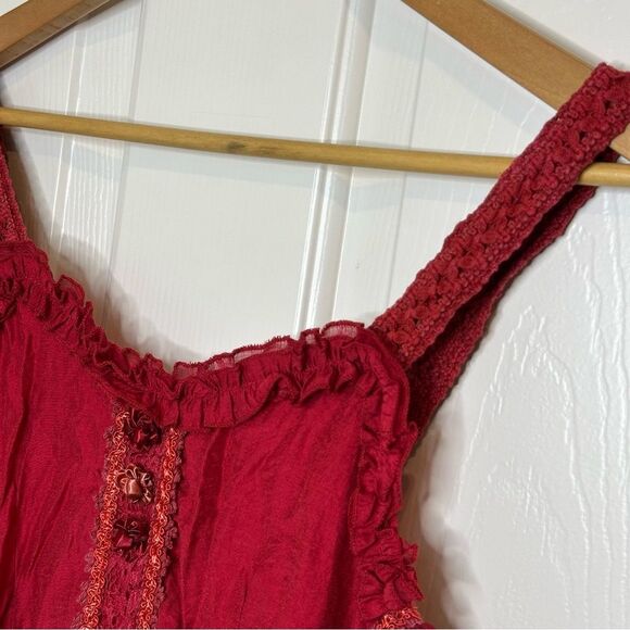 Pretty Angel Red Rosette Appliqué Floral Lace Linen Blend Tunic Mini Dress Sz M - Picture 7 of 11